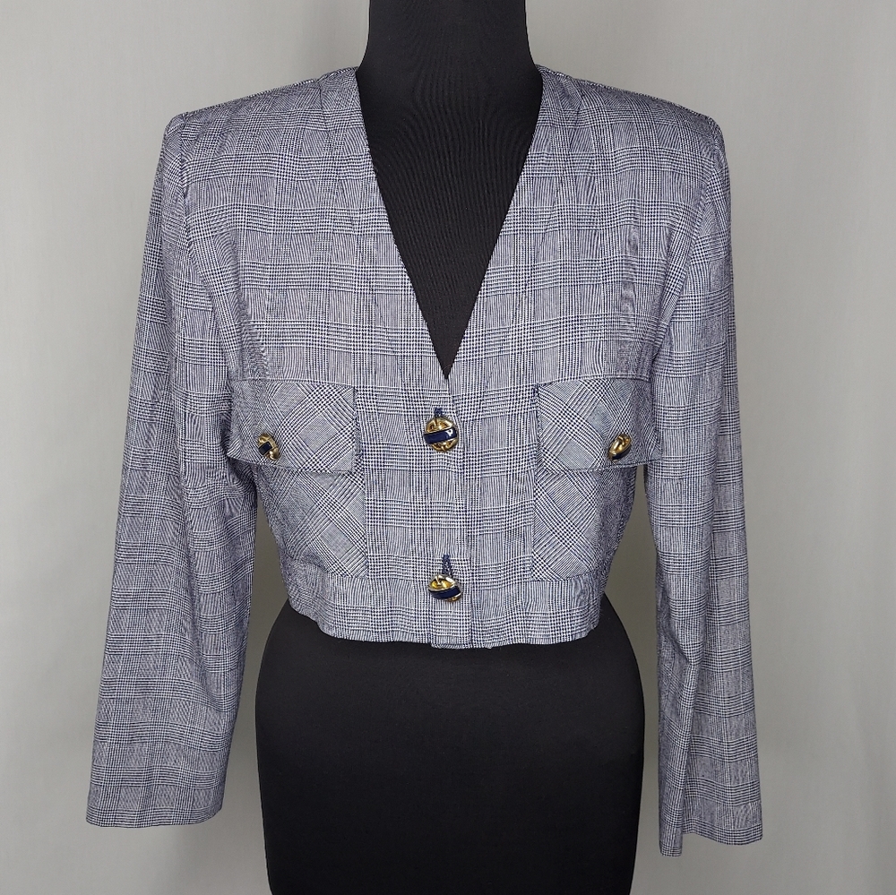 Smart-Pants Vtg 90s Cropped Blazer Jacket Button Gray Plaid Pocket Collar Medium